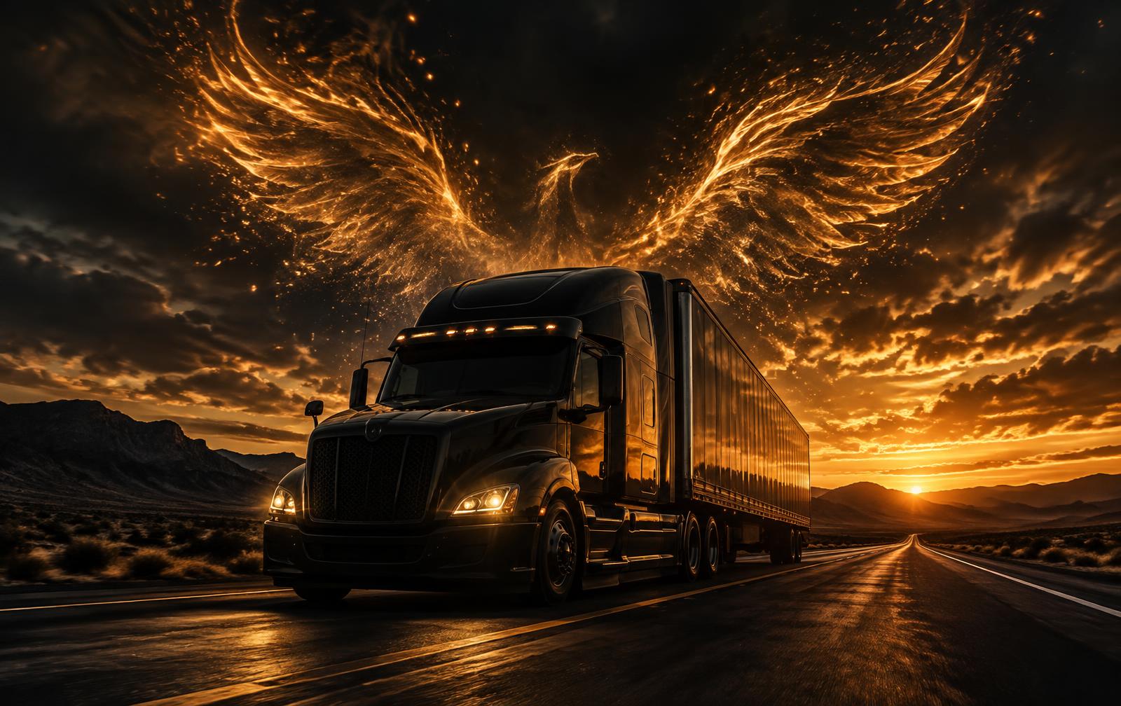 Black semi truck on a desert highway under a golden phoenix sky